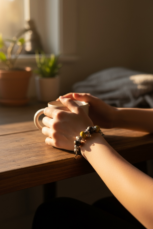 Person holding a mug on a wooden table with a warm, indoor setting