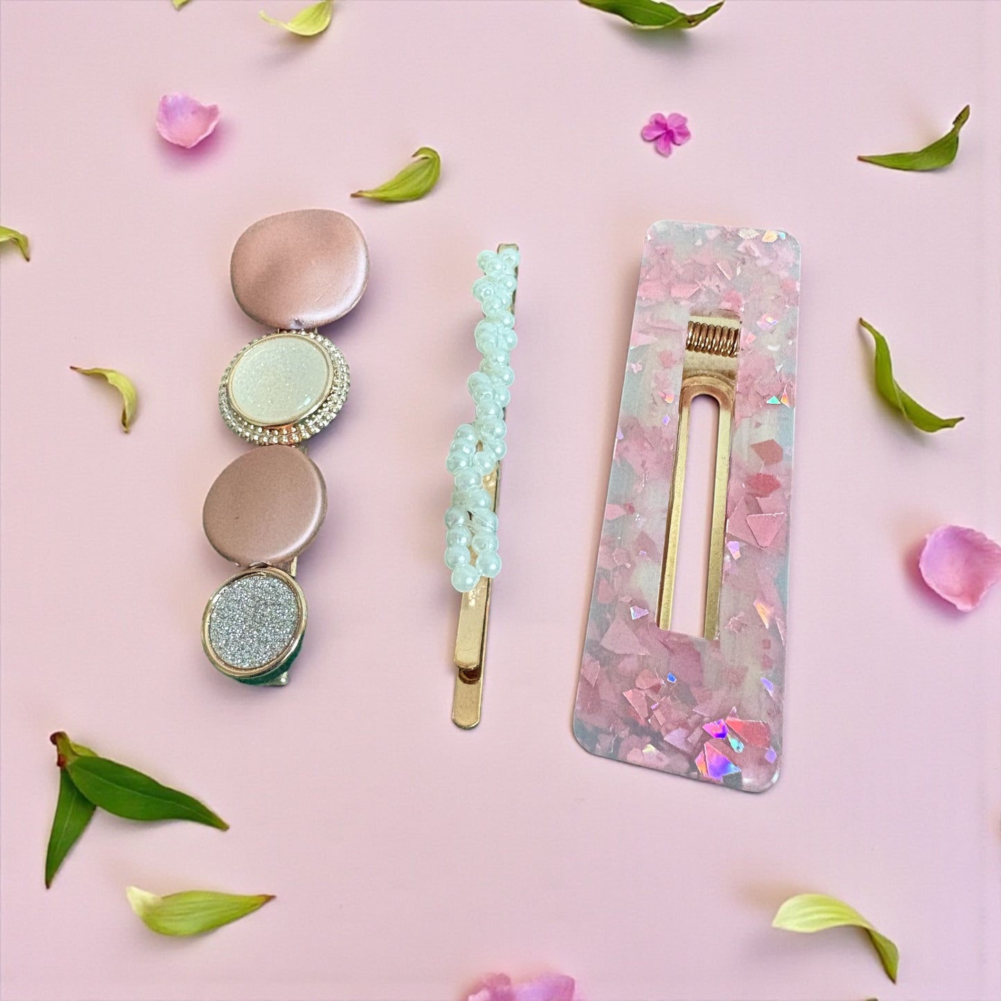 Blossom Acrylic Hair Clip Set — 3-Piece Textured Crystal & Pearl Barrettes (Pink or Ivory)