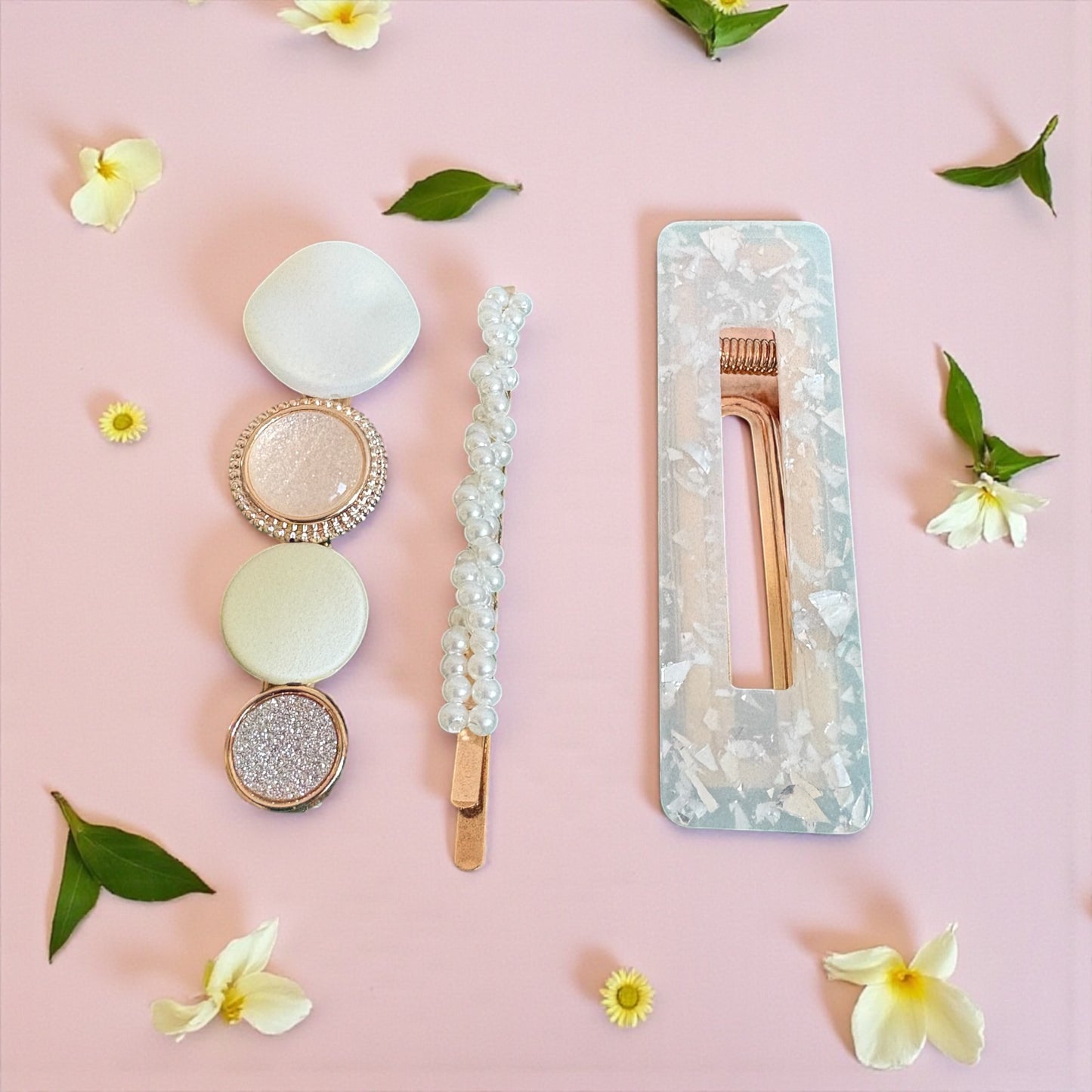 Blossom Acrylic Hair Clip Set — 3-Piece Textured Crystal & Pearl Barrettes (Pink or Ivory)