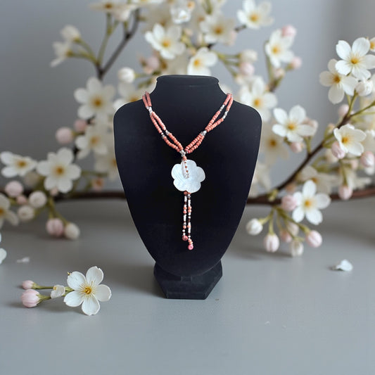 Mother-of-Pearl Flower Beaded Necklace - Handmade Boho Elegance